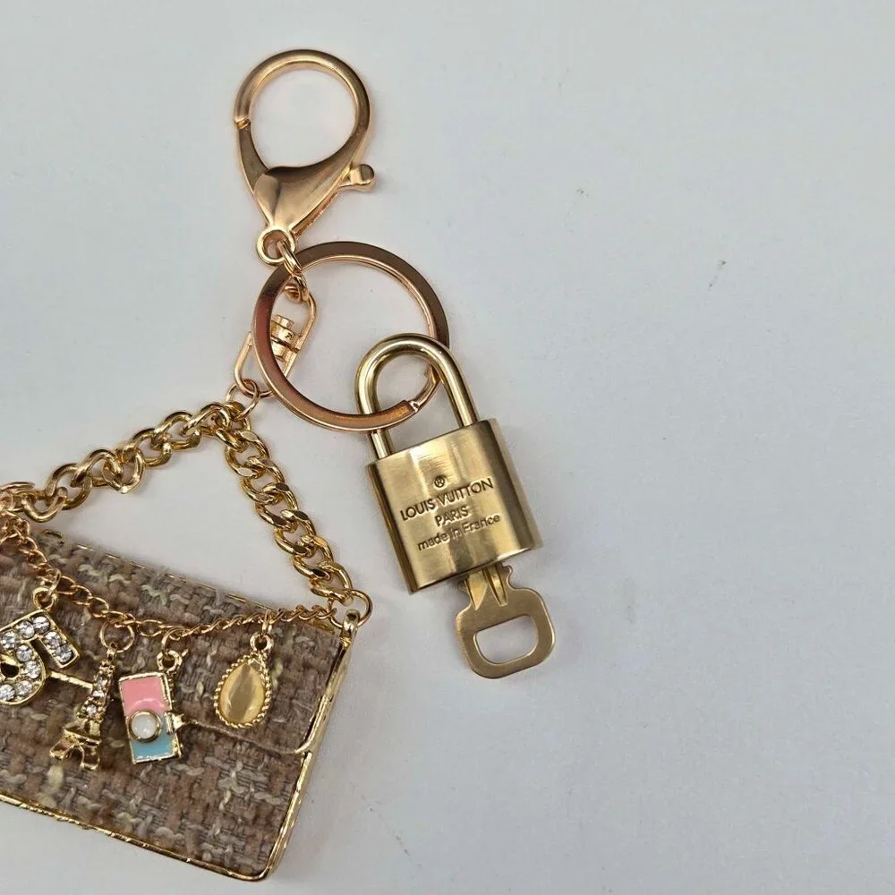 Louis Vuitton Gold Lock 🔒 Authentic LV Key + Unbranded Tweed Bag Charm
